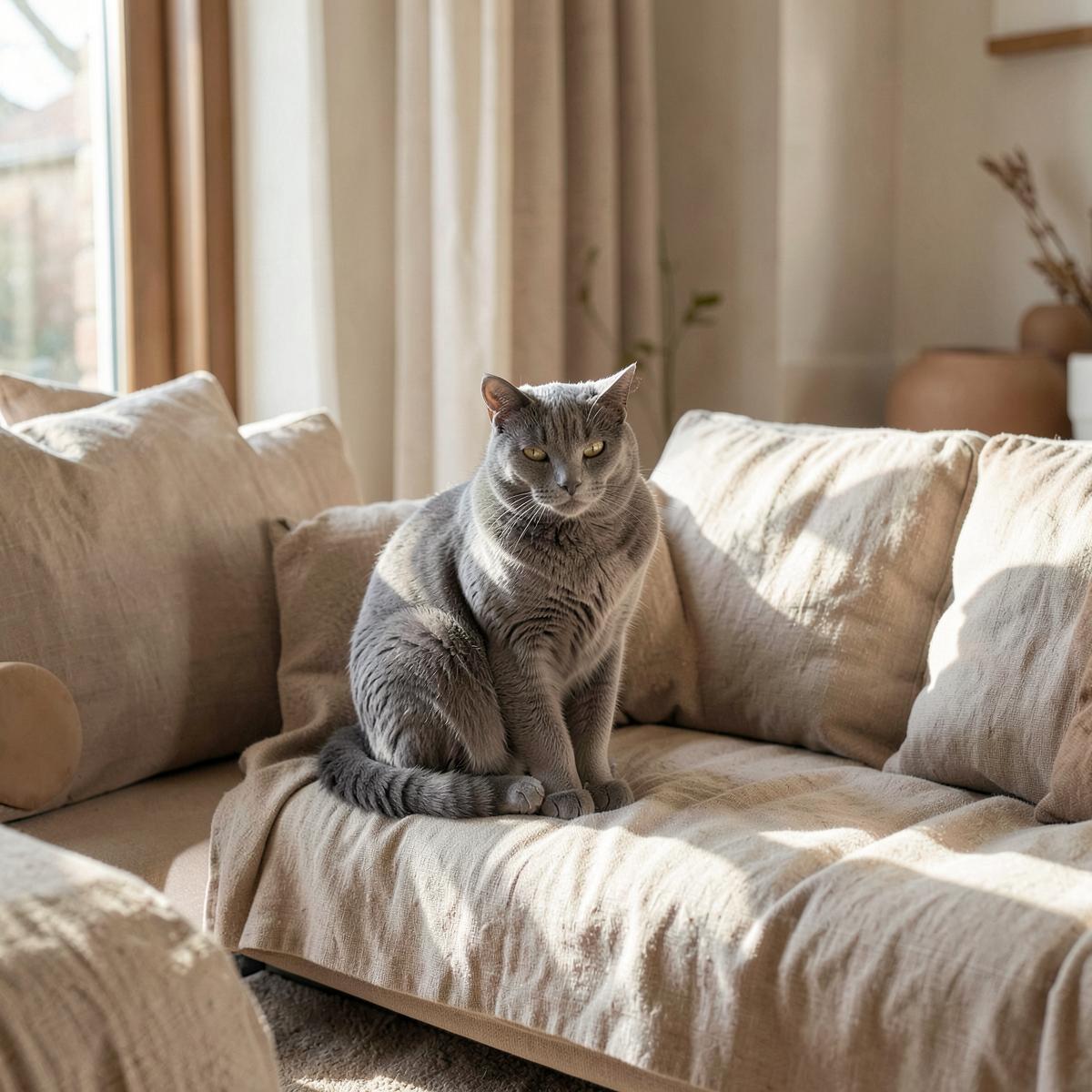 A cat sitting on a linen sofa in a sunlit room