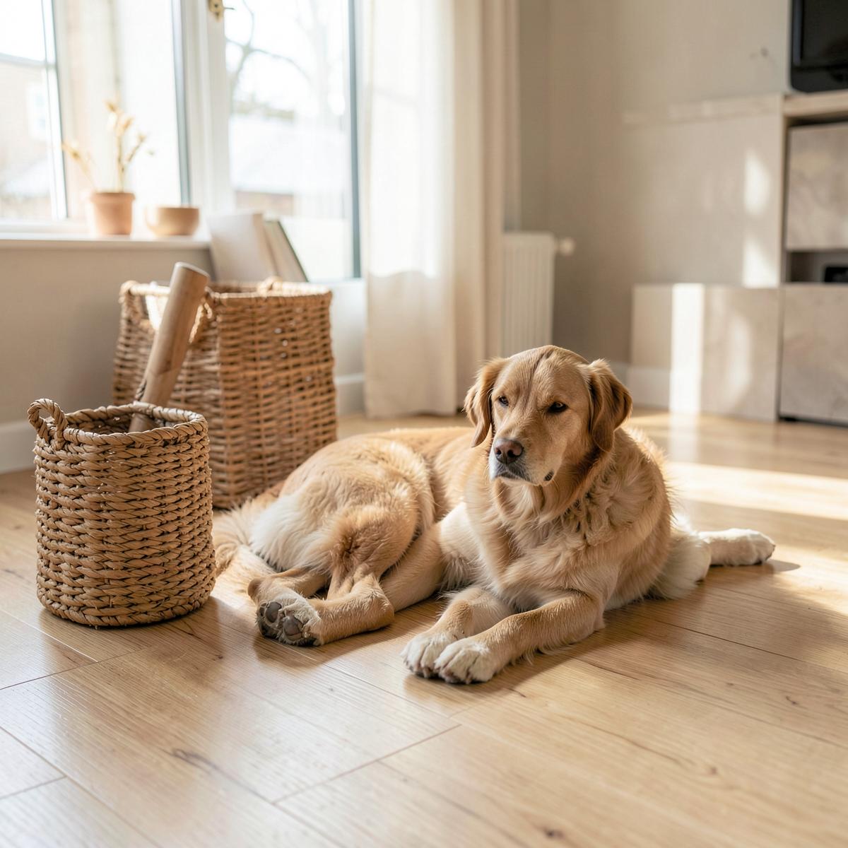 A dog resting on a wooden floor in a bright home