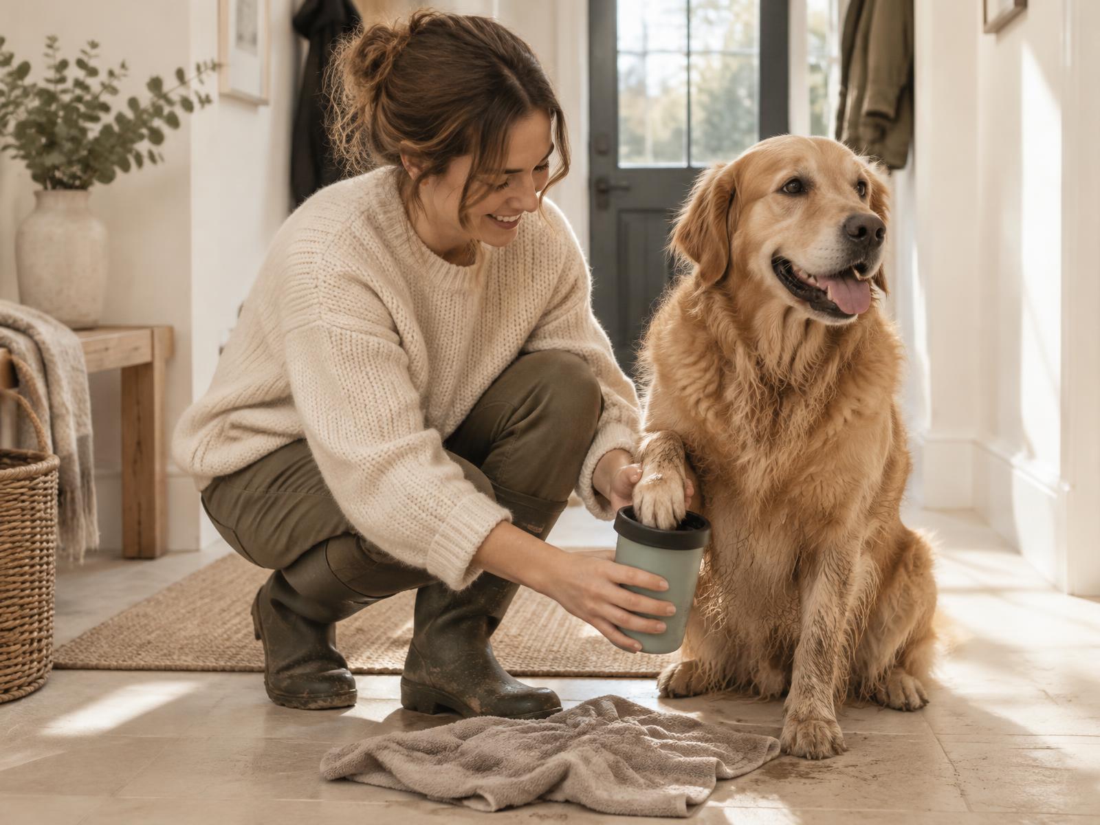 A dog having its muddy paw cleaned in a hallway after a walk